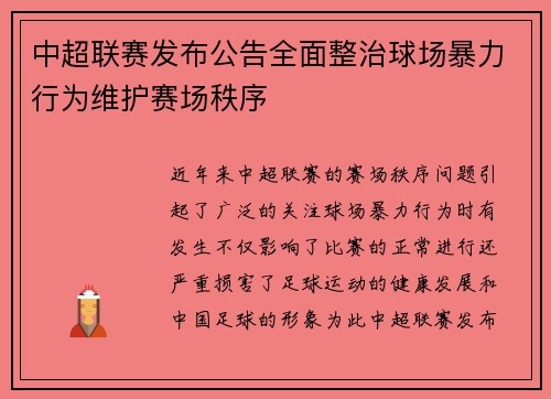 中超联赛发布公告全面整治球场暴力行为维护赛场秩序