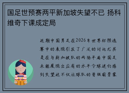 国足世预赛两平新加坡失望不已 扬科维奇下课成定局 国足世预赛两平新加坡失望不已 扬科维奇下课成定局